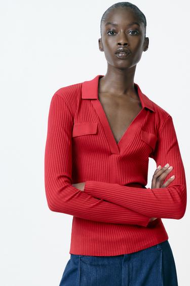 RIBBED POLO NECK T-SHIRT - Intense red by Zara - Image 0