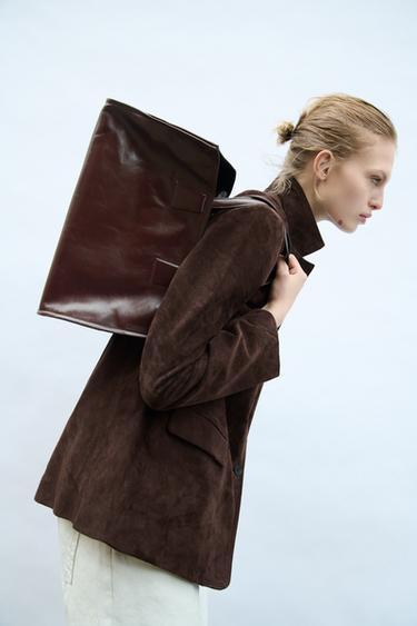 LEATHER TOTE - Burgundy Red by Zara