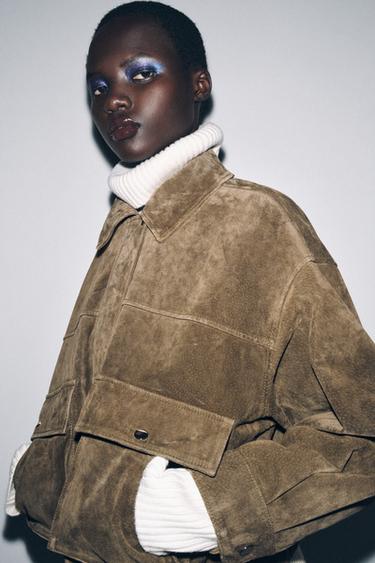 100% LEATHER BOMBER JACKET - Khaki by Zara