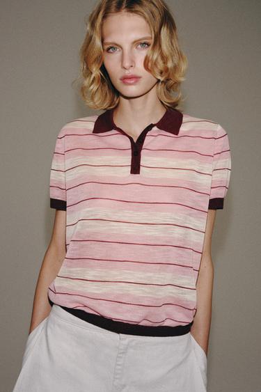 STRIPED KNIT POLO SHIRT - Pink / White by Zara
