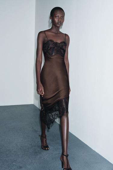 ZW COLLECTION ASYMMETRIC LACE SATIN DRESS - Black / Brown by Zara
