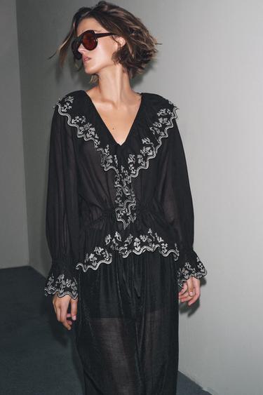 ZW COLLECTION EMBROIDERED RUFFLE BLOUSE - Black by Zara