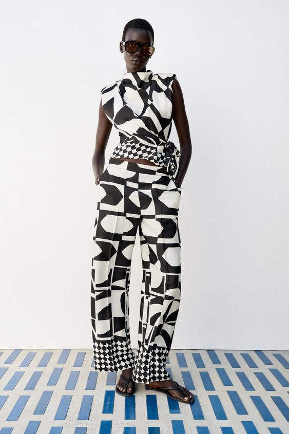 GEOMETRIC PRINT TOP WITH SHOULDER PADS - Ecru / Black by Zara - Image 0