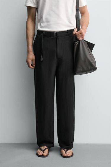 RELAXED FIT VISCOSE - LINEN TROUSERS WITH BELT - Black by Zara