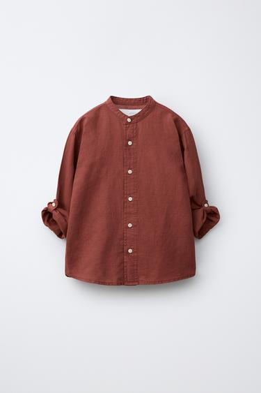 COTTON AND LINEN STAND COLLAR SHIRT - Burgundy by Zara