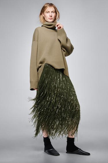 ZW COLLECTION LIMITED EDITION SEQUIN FRINGE SKIRT - Green by Zara