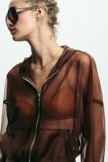 HOODED ORGANZA JACKET - Brown by Zara