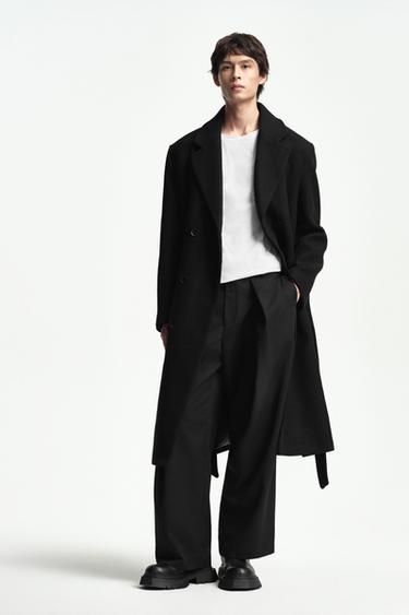 DOUBLE-BREASTED WOOL BLEND COAT WITH BELT - Black by Zara