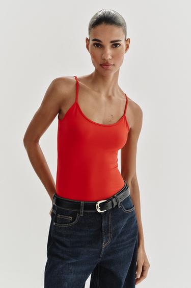 FINE STRAP POLYAMIDE T-SHIRT - Coral red by Zara