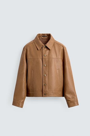 REGULAR FIT LEATHER EFFECT OVERSHIRT - camel by Zara