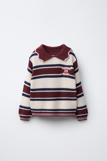 EMBROIDERED STRIPED KNIT POLO SWEATER - Burgundy by Zara
