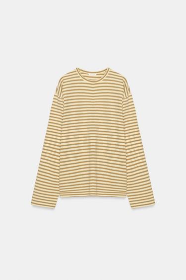 STRIPED COTTON AND LINEN T-SHIRT - Beige by Zara