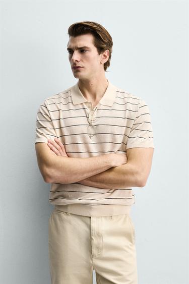 STRIPED LINEN-COTTON KNIT POLO SHIRT - Ecru by Zara
