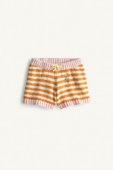 LIMITED EDITION EMBROIDERED FLORAL STRIPED KNIT BERMUDA SHORTS - Orange by Zara