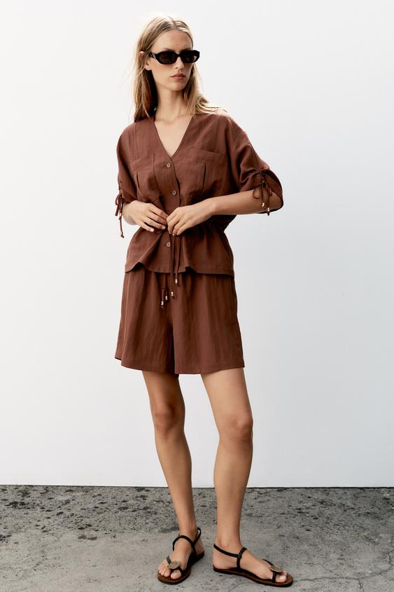SHORT SLEEVE BEADED SAFARI JACKET - dark russet by Zara - Image 0