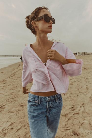 FLOWING LINEN BLEND SHIRT - Pink / White by Zara