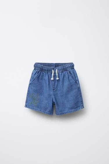 EMBROIDERED PALM TREE DENIM BERMUDA SHORTS - Blue by Zara - Image 0