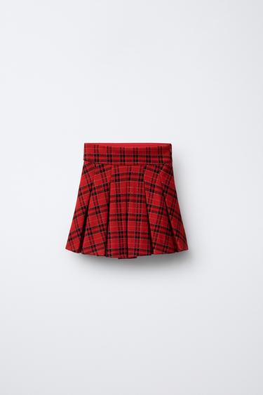 CHECK BOX PLEAT SKIRT - Red by Zara