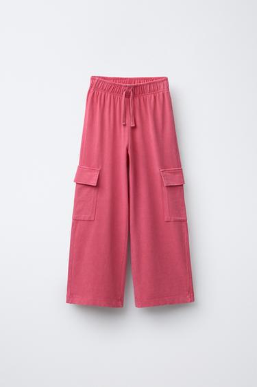 WASHED-EFFECT WIDE-LEG CARGO TROUSERS - Raspberry by Zara