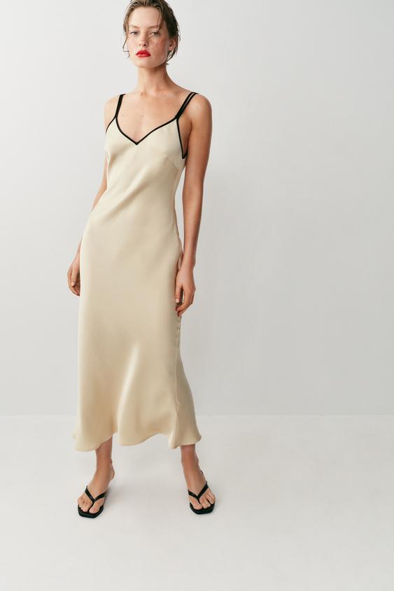 CONTRAST TRIM SATIN MIDI DRESS - Beige by Zara - Image 0