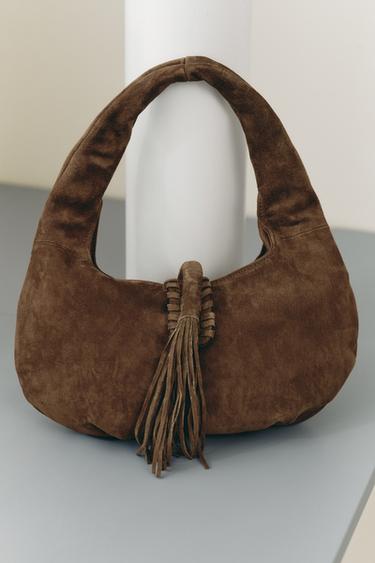 FRINGED SPLIT SUEDE SHOULDER BAG - Chocolate by Zara