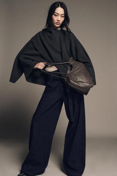 KNIT CAPE WITH SCARF DETAIL - Grey by Zara