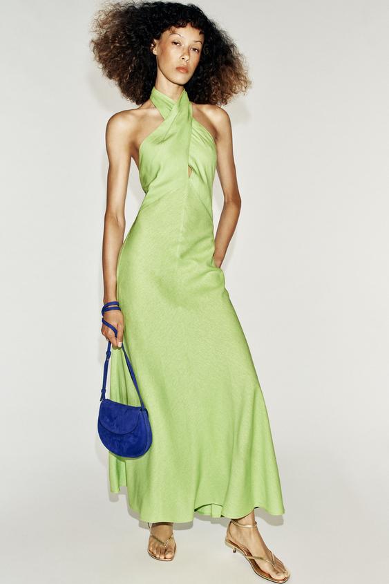 LINEN BLEND HALTER MIDI DRESS - Lime by Zara - Image 0