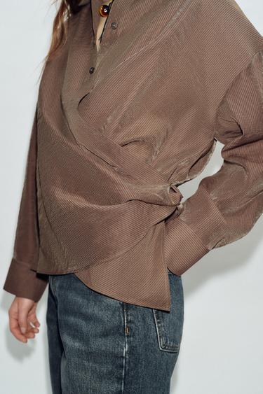 STRIPED SURPLICE SHIRT - Brown / Ecru by Zara