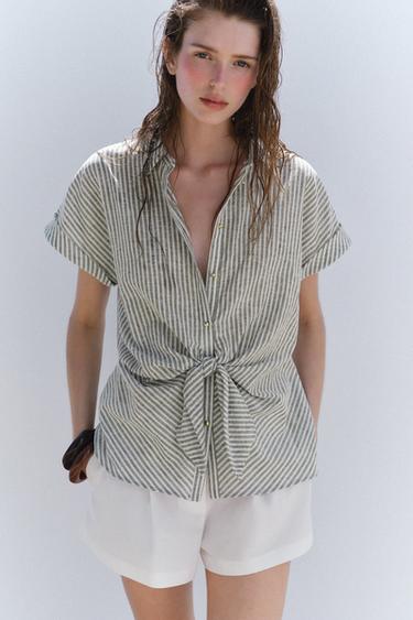 STRIPED KNOT LINEN-BLEND SHIRT - Green / Ecru by Zara - Image 0