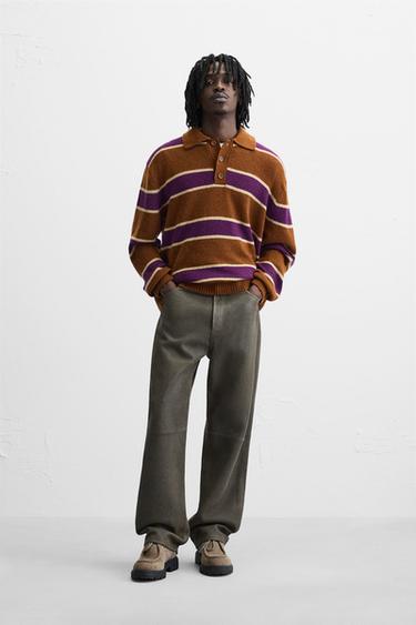 STRIPED KNIT POLO SHIRT - Beige by Zara - Image 0