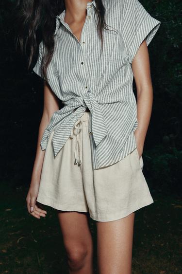 STRIPED KNOT LINEN-BLEND SHIRT - Green / Ecru by Zara