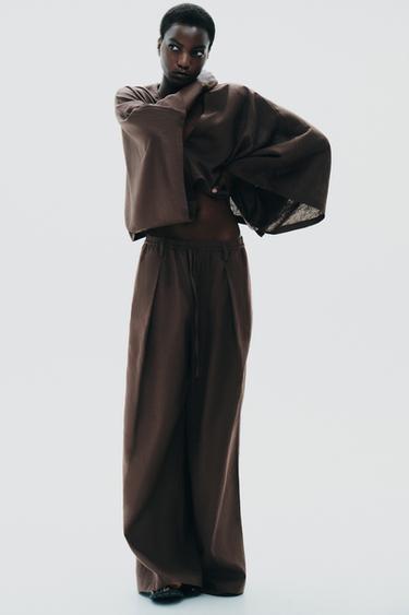 LINEN BLEND TROUSERS - Brown by Zara
