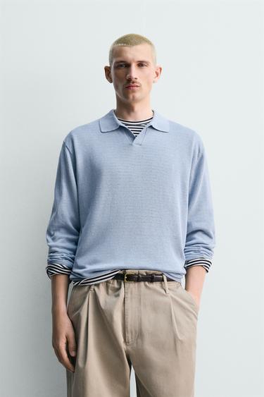 HEMP-COTTON KNIT POLO SHIRT - Sky blue by Zara