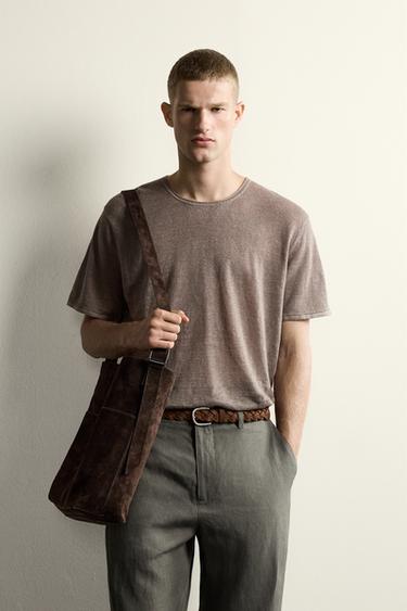 100% LINEN RELAXED FIT KNIT T-SHIRT - Brown / Taupe by Zara