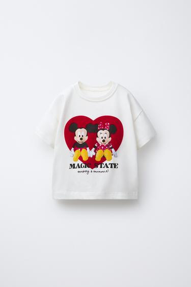 MICKEY & MINNIE MOUSE © DISNEY FLOCKED SLOGAN PRINT T-SHIRT - Oyster-white by Zara