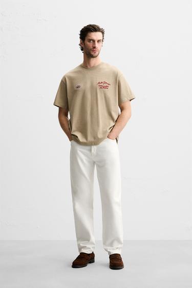 T-SHIRT WITH CONTRAST EMBROIDERY - Dark tan by Zara - Image 0