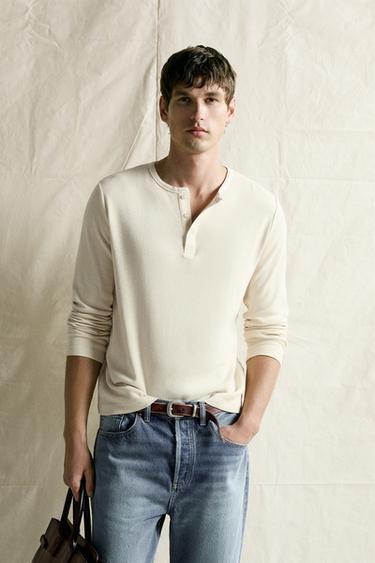 COTTON - LINEN HENLEY - Light beige by Zara
