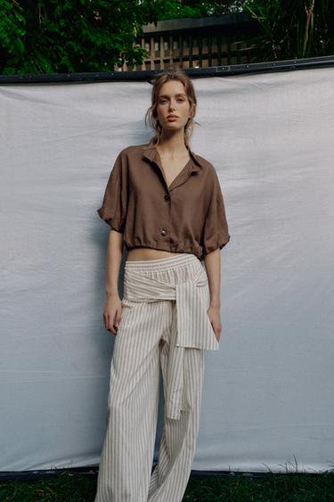 LINEN BLEND PUFF SLEEVE SHIRT - Brown / Taupe by Zara