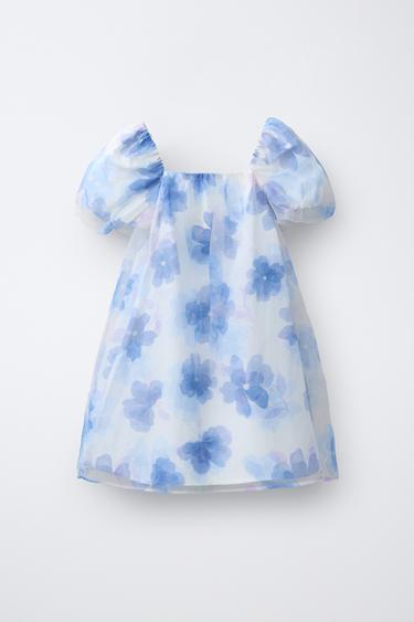 FLORAL PRINT ORGANZA DRESS - Ecru / Blue by Zara