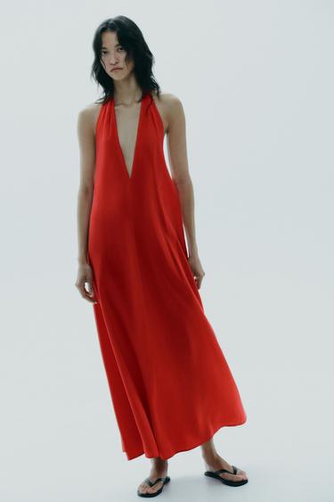 HALTER MIDI DRESS WITH TIE - Red by Zara