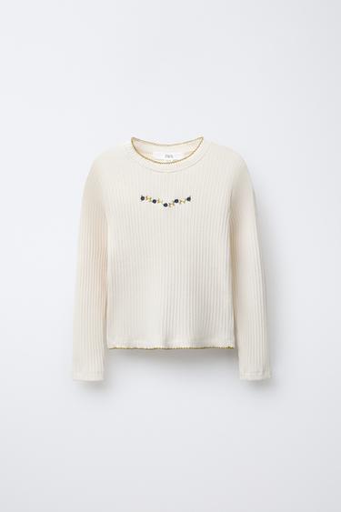 EMBROIDERED RIBBED T-SHIRT - Ecru by Zara