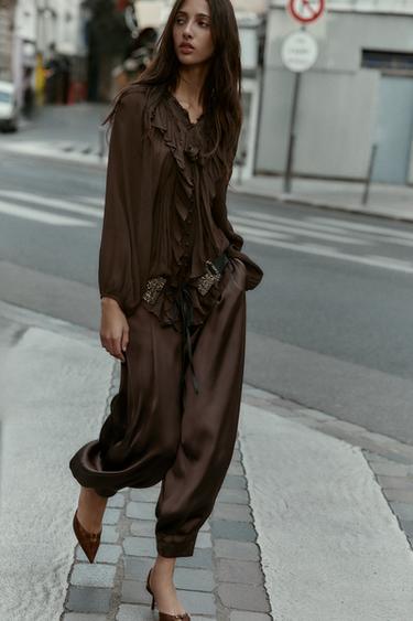 FLOWING SHIRT WITH RUFFLE TRIMS - Brown by Zara