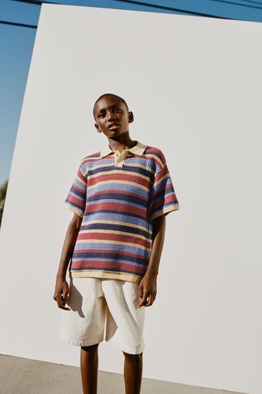 STRIPED CROCHET KNIT POLO SHIRT - Multicoloured by Zara