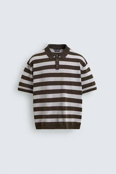 STRIPED JACQUARD KNIT POLO SHIRT - Brown by Zara