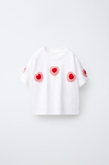 T-SHIRT WITH CROCHET HEART APPLIQUÉ - White by Zara