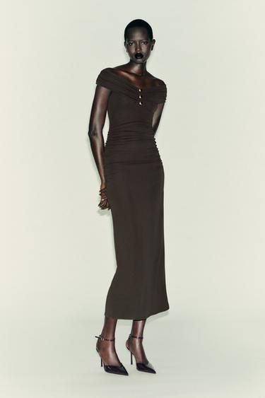 LONG DRAPED DRESS - Dark khaki by Zara