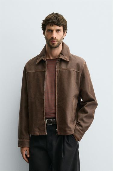CROPPED FIT LEATHER JACKET - Brown by Zara