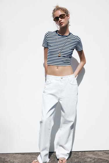 CROPPED STRETCH T-SHIRT - Blue/White by Zara
