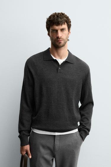 100% WOOL KNIT POLO SHIRT - Grey marl by Zara