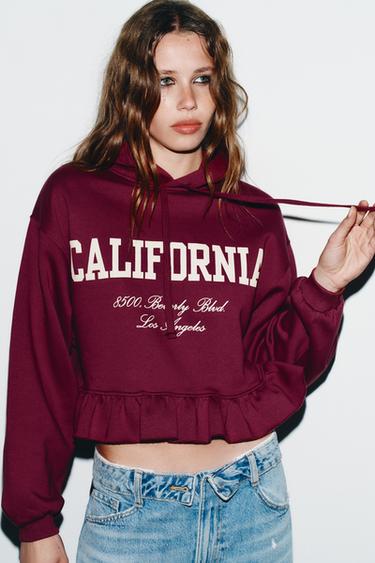 VARSITY SWEATSHIRT WITH RUFFLE TRIM - Burgundy by Zara